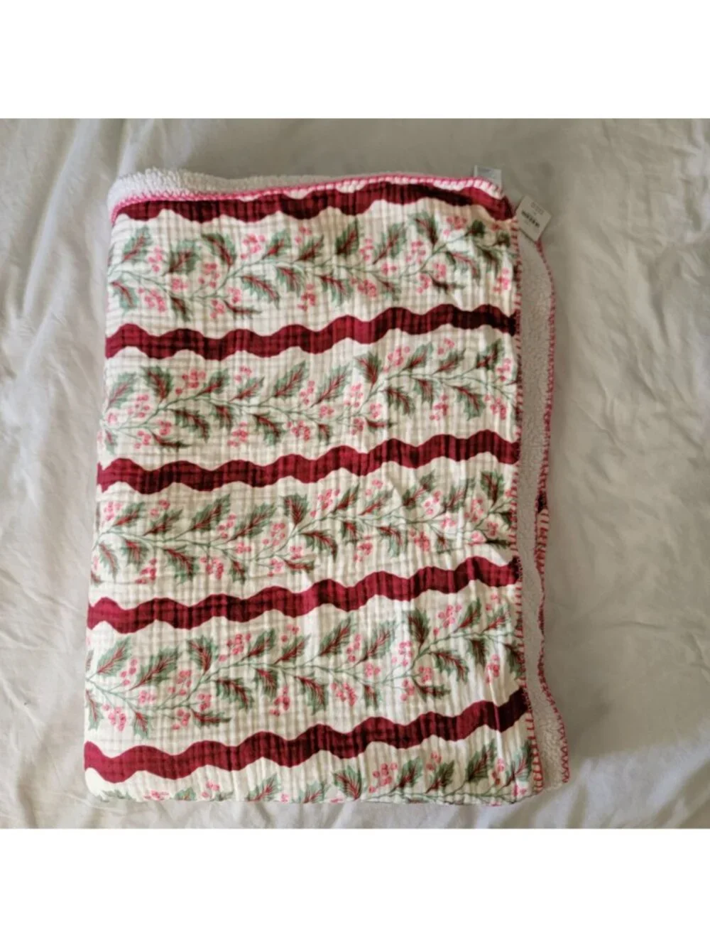 Anthropologie Gauze Cotton Sherpa Floral Printed Throw Blanket Festive Cozy Soft